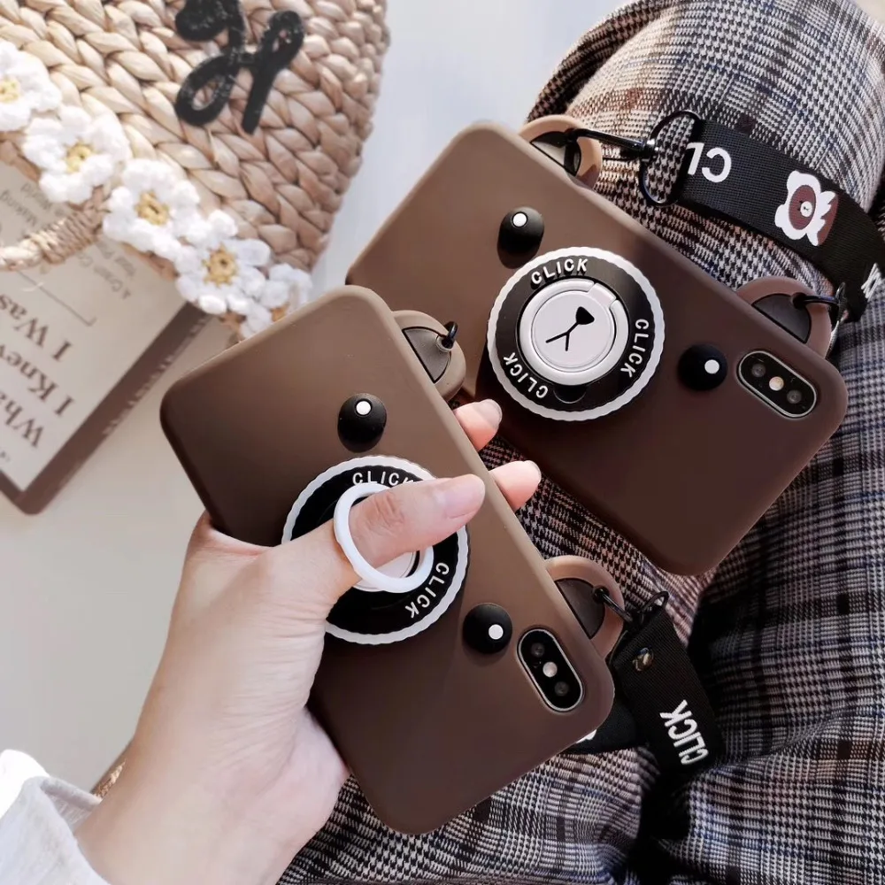 

Marchcover 3D cute Cartoon Camera Bear Hold Ring Case For iPone 8 7 6 6s plus X XS MAX Long Straps Soft Silicone Cover