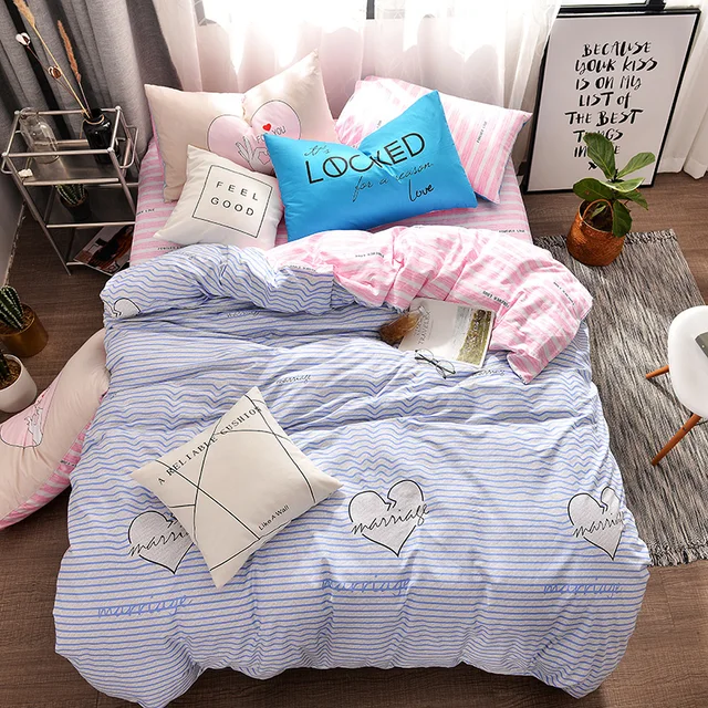 2018 new blue lines hearts bedding 100 cotton twin queen size 3 print flat sheets