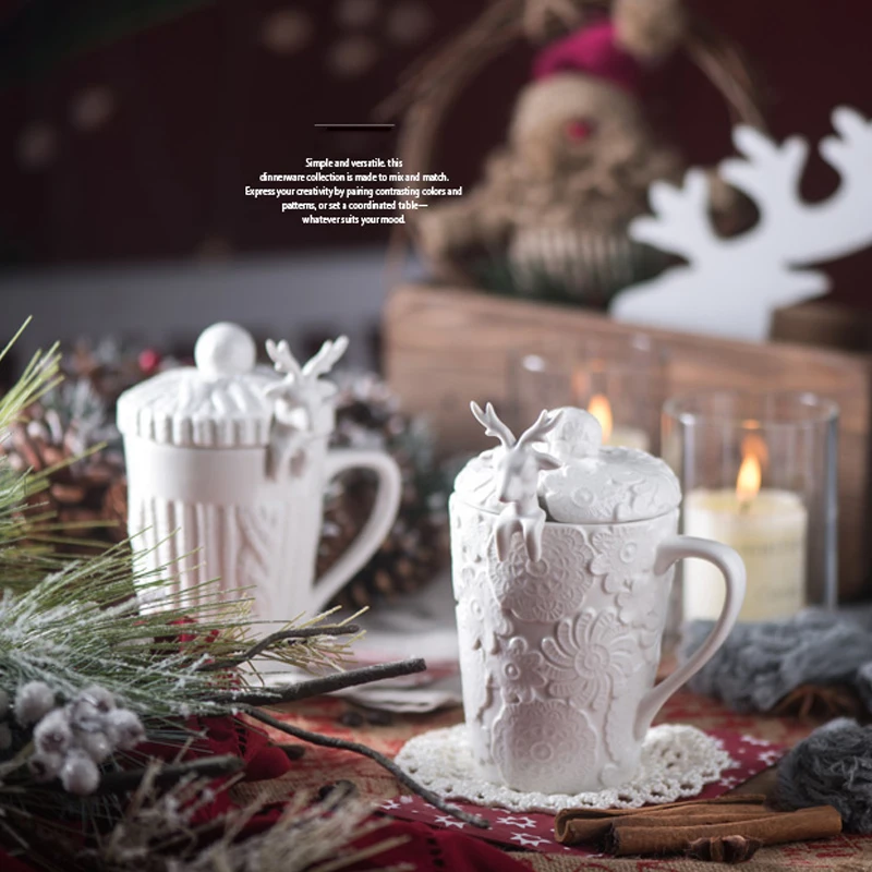 Рельефные рождественские кружки, милый олень Милу, кофейная чашка, молочные чашки, Снежная керамическая кружка с крышкой, ложка, чашка для завтрака, рождественский подарок