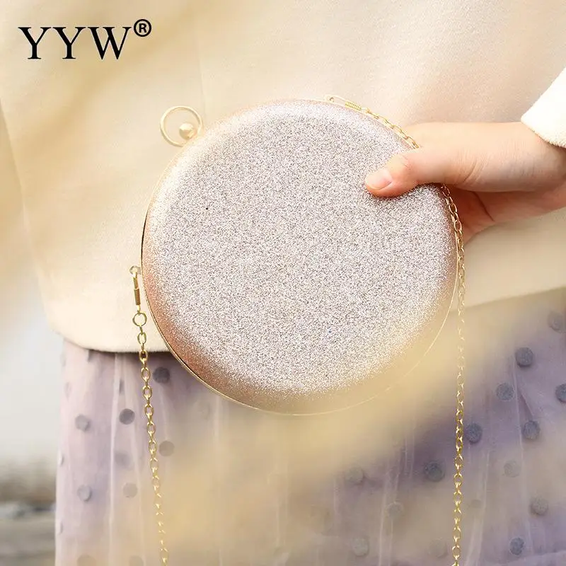 Women Wedding Evening Clutch Crossbody Shoulder Bags Rose Gold Gillter Handbag With Chain Round Purses Handbags For Party