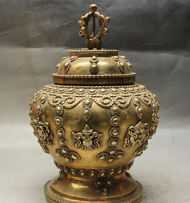 12 &quotТибет Буддизм Храм Латунь 8 Благоприятный Символ Статуя Ваджра Горшок Jar Крок