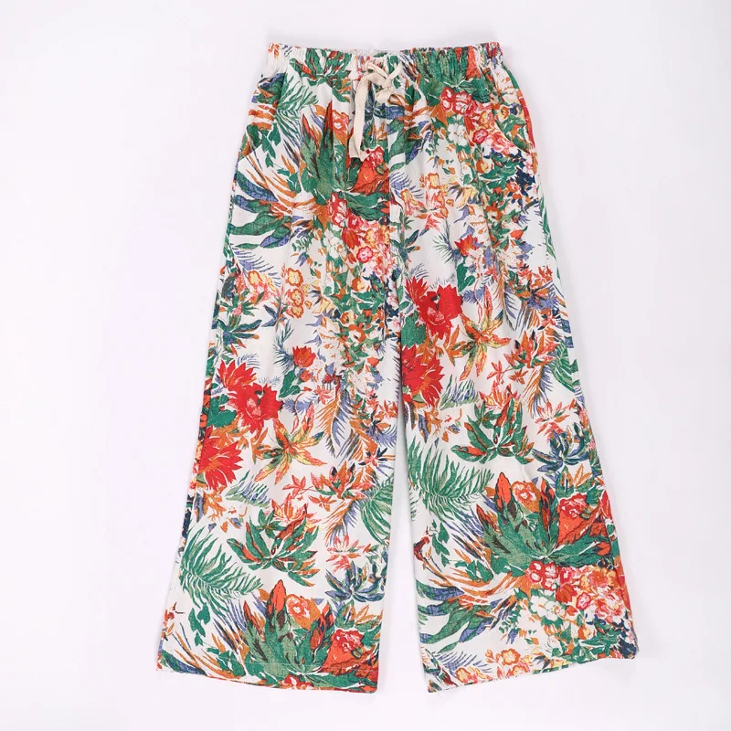 Летние льняные свободные девятые брюки с цветочным принтом для женщин, штаны для сна, Повседневная Домашняя одежда, брюки размера плюс, пижамные брюки для женщин