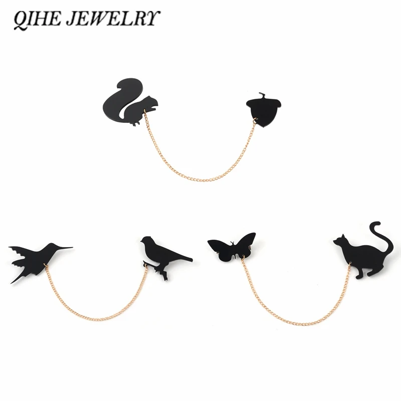 

QIHE JEWELRY Animal tassel brooches Squirrels and pine cones,2 birds,cat and butterfly Linked Black Origami Brooches Badges