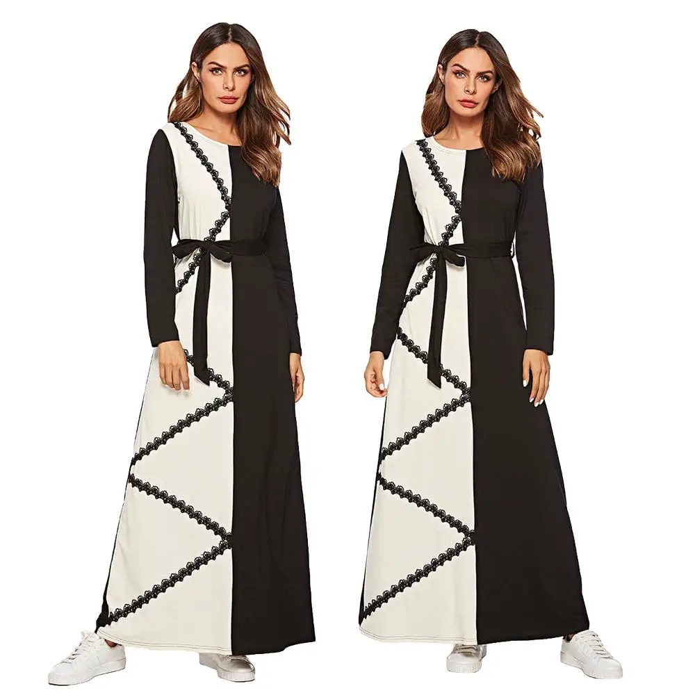 Womens Dress Fashion Contrast Color Lace Appliques Maxi Long Dress Spring Fall 2019 Elegant Long Sleeve Muslim Clothes Fashion