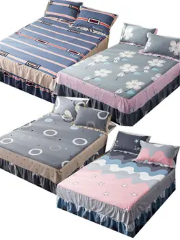 

Green and white striped cotton single double bed skirt printed bed cover cartoon sheets bedding set