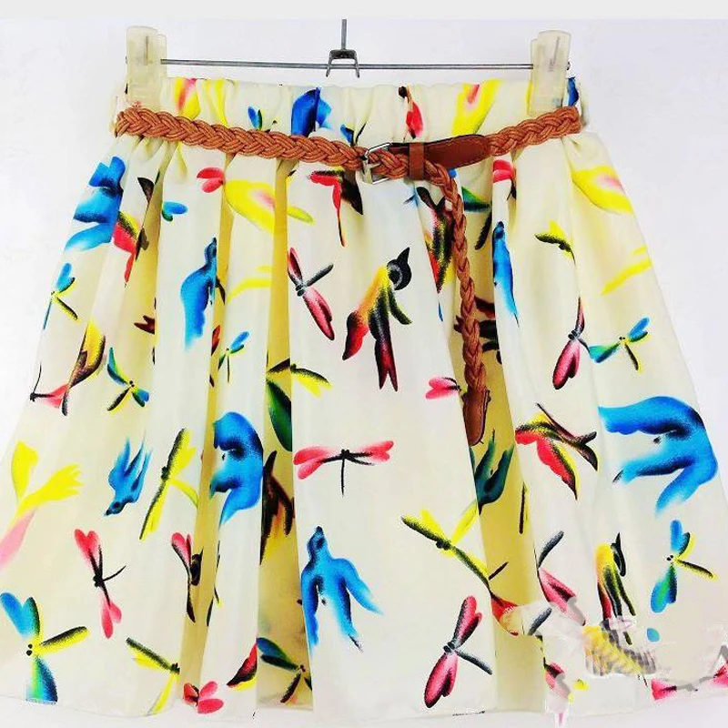 

Fashion 16Styles Summer Women Girl Cute Flower Dot printing Chiffon Above Knee Natural Waist Pleated Short Skirts ( No Belt)