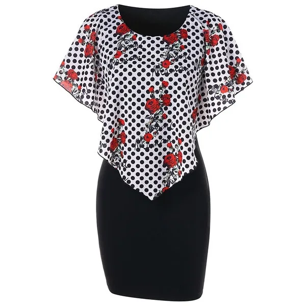 

2019 Women Summer O Neck Slim Print Dress Wave Stitching Flare Sleeve Chiffon Knee-Length Dress