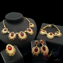 Free Shipping Fashion 24K Dubai Pure Gold Color Special Red Stone Necklace Four Pieces Jewelry Sets Trends Wholesale products