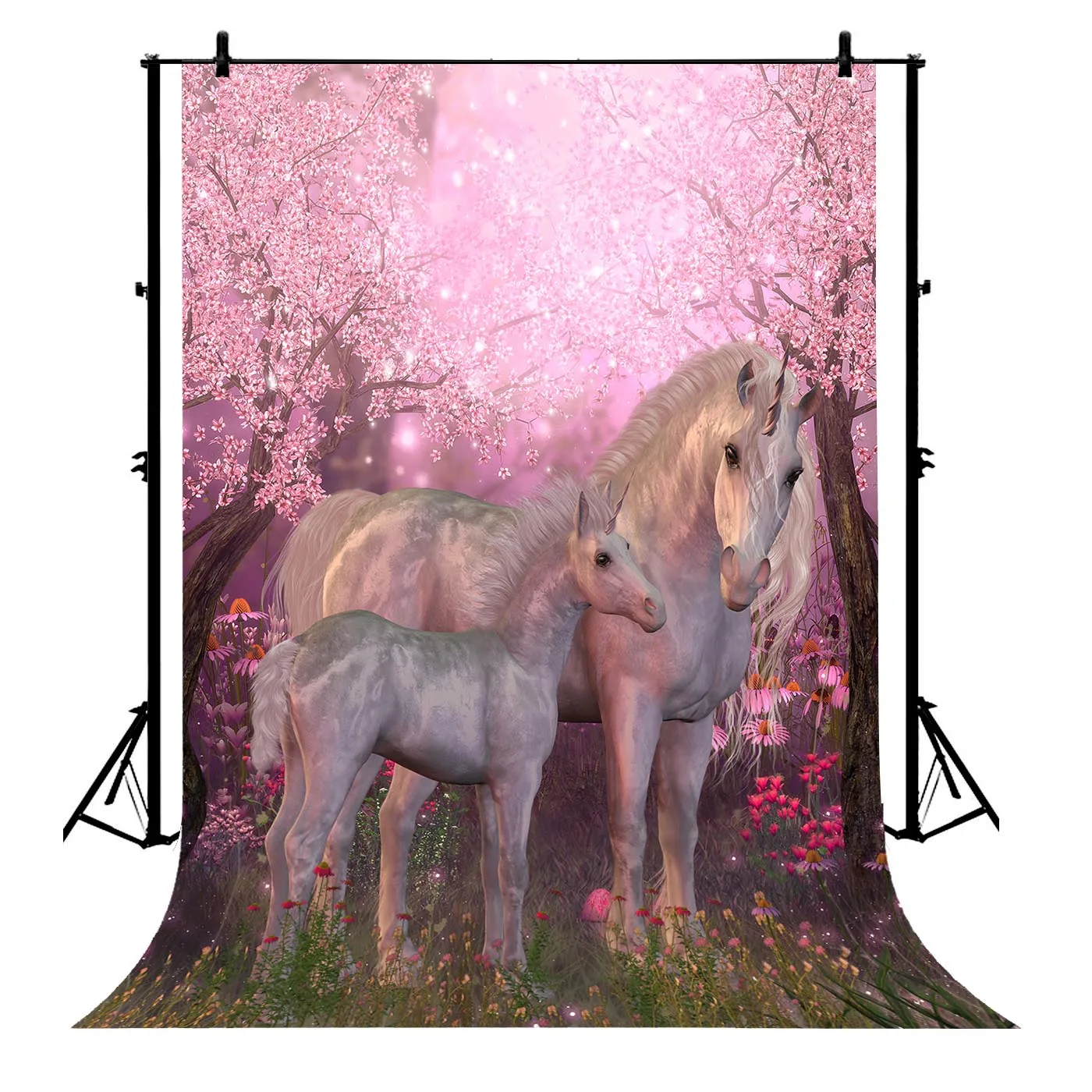 

5x7ft Unicorn Dreamy World Fairy Tale Cherry Blossom Grass Polyester Photo Background Portrait Backdrop