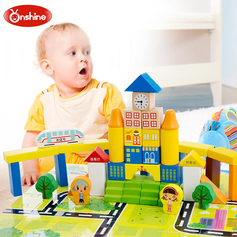 

Onshine 182pcs Safety Colorful Beech Wood City Game wooden building blocks Toys For Children's birthday gift