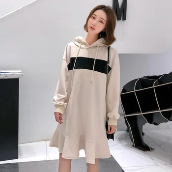 

Maternity Women Hooded Long Sleeve Knee Length Dresses New Moms Mermaid Pullover Fashion Loose Fit Blouses Hoodies Dresses