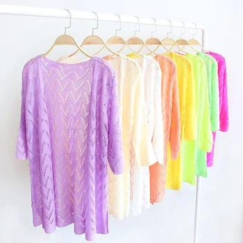 

Plus Size Knit Crochet Geometric Hollow Out Spring Jacket Women 11 Colors Women Cardigan Three Quarter Summer Spring Coat J35