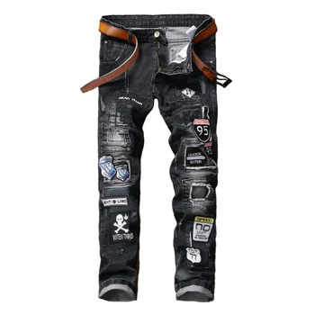 

European American High Street Mens Jeans Black Color Patches Spliced Fashion Motor Ripped Jeans Balplein Brand Biker Jeans Men