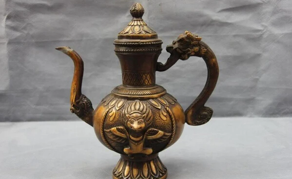 

Collectible bronze lion statue S0909 China Royal Fane Sacrifice Bronze Copper Dragon Garuda Teapot Pot Kettle Flagon