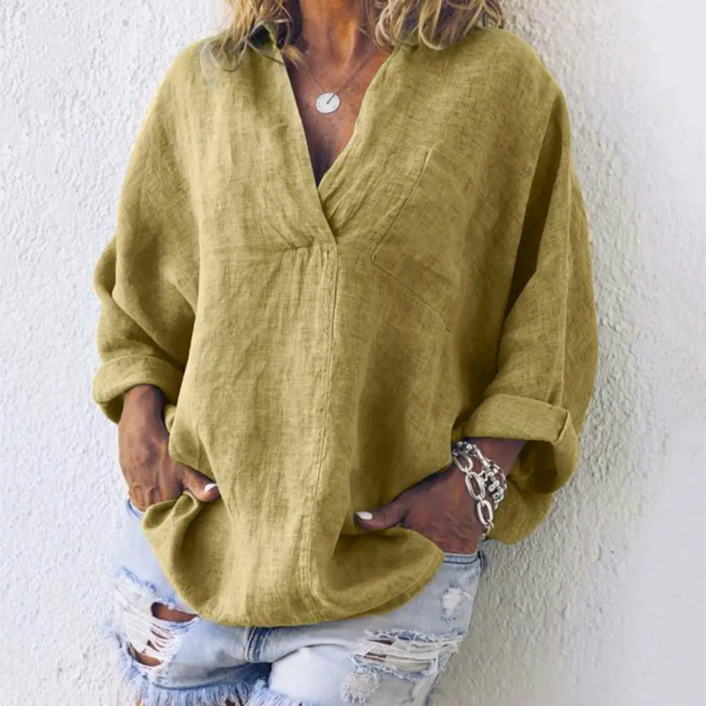 Loose Cotton Linen Female Tunic Casual Long Sleeve Plus Size Shirt Blouse Autumn Turn Down Collar Pocket Womens Tops And Blouses - Цвет: Цвет: желтый