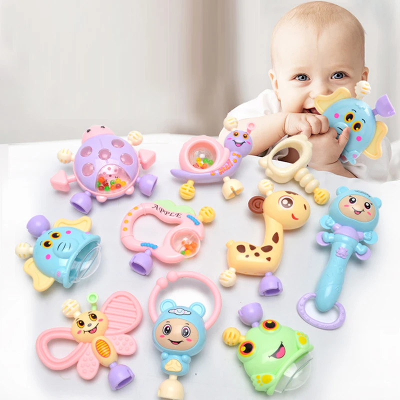 Bavoirsj 6pc-10pc/Set Cartoon Montessori Toys Teething Kids Educational Crib Mobiles Baby Toy for Girls Waldorf Rattle Toy T000