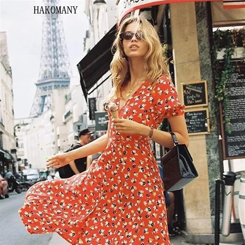 

2019 Women Dress Retro Deep V neck Back Zipper Short Sleeve Tea Dresses French Style Deep V neck Small flower Print Red