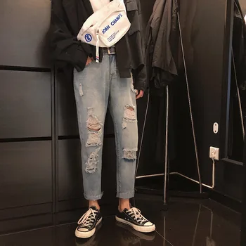 

Korean Street Style Jeans New Fashion Nine Point Jeans Trend Broken Hole Denim Pants Super Handsome Boy Jeans