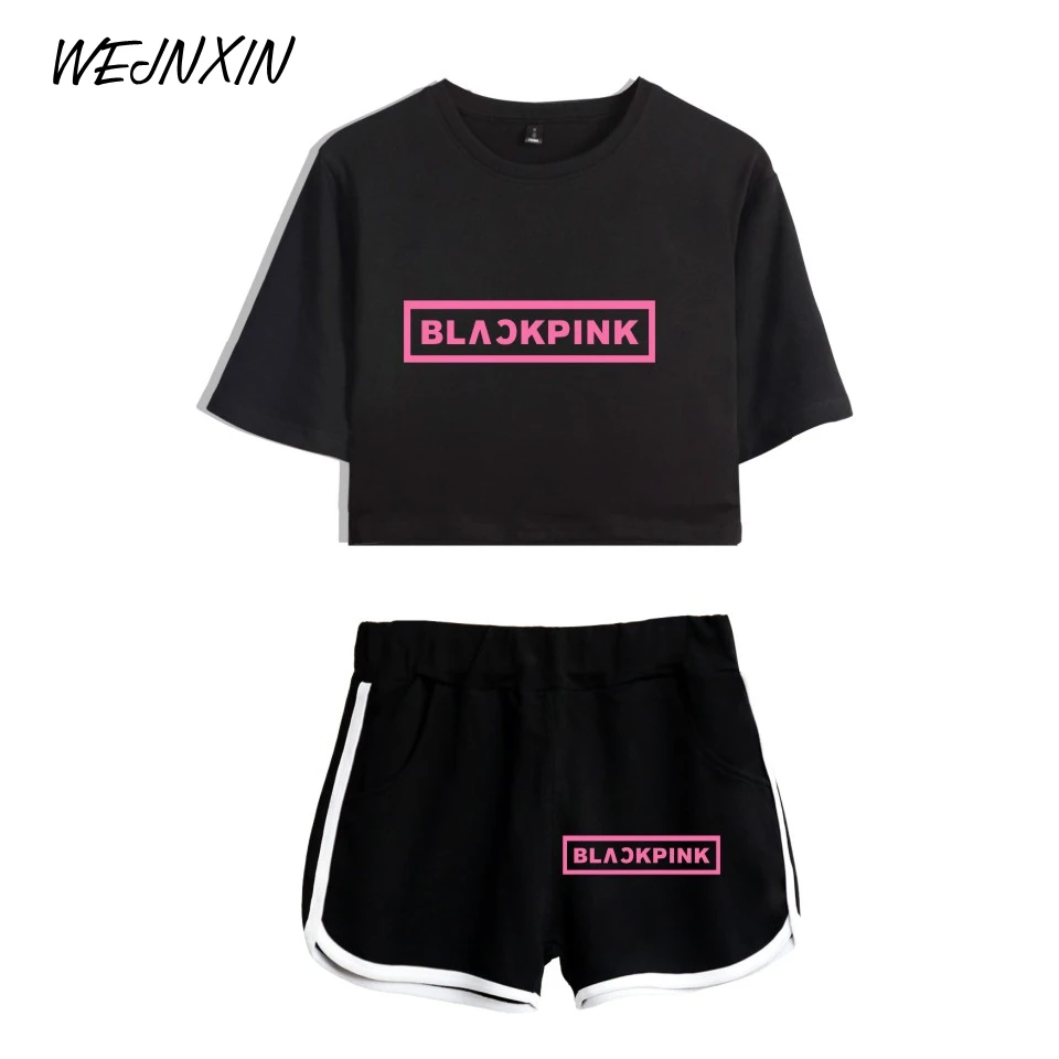 

WEJNXIN Summer Kpop Blackpink Crop Top And Pants Set Black Pink Tracksuit Women Fan Support Two Piece Set Outfits Conjunto