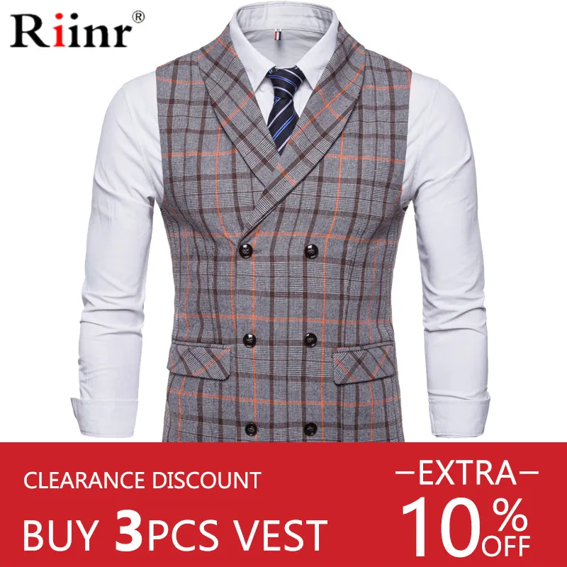 

Riinr Spring Autumn Man Fashion Suit Vest Male Plaid Suit Waistcoat Formal Business Wedding Slim Dress Vests Men Work Waistcoat