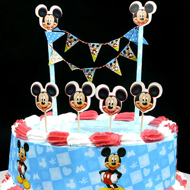 New arrival Cute Blue Mickey Mouse Design Cartoon Paper cake wrapper flag Topper for Birthday Cake Party Decoration Supplies | Дом и сад