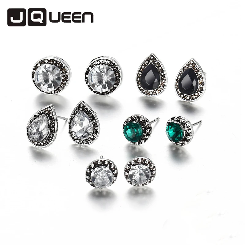 

5 Pcs/ Pairs Vintage Alloy Water drop Ear Nail Earring Sets Blue White Black Crystal Bohemia Personality Ear Studs Woman jewelry