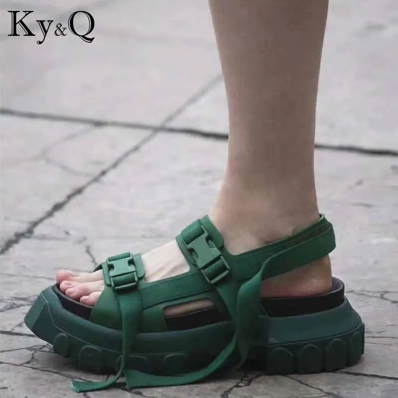 

New Fashion 2018 Summer Black White Green Real Leather Sandals Women Casual Shoes Woman Platform Flats Two Bands Buckles Sandals