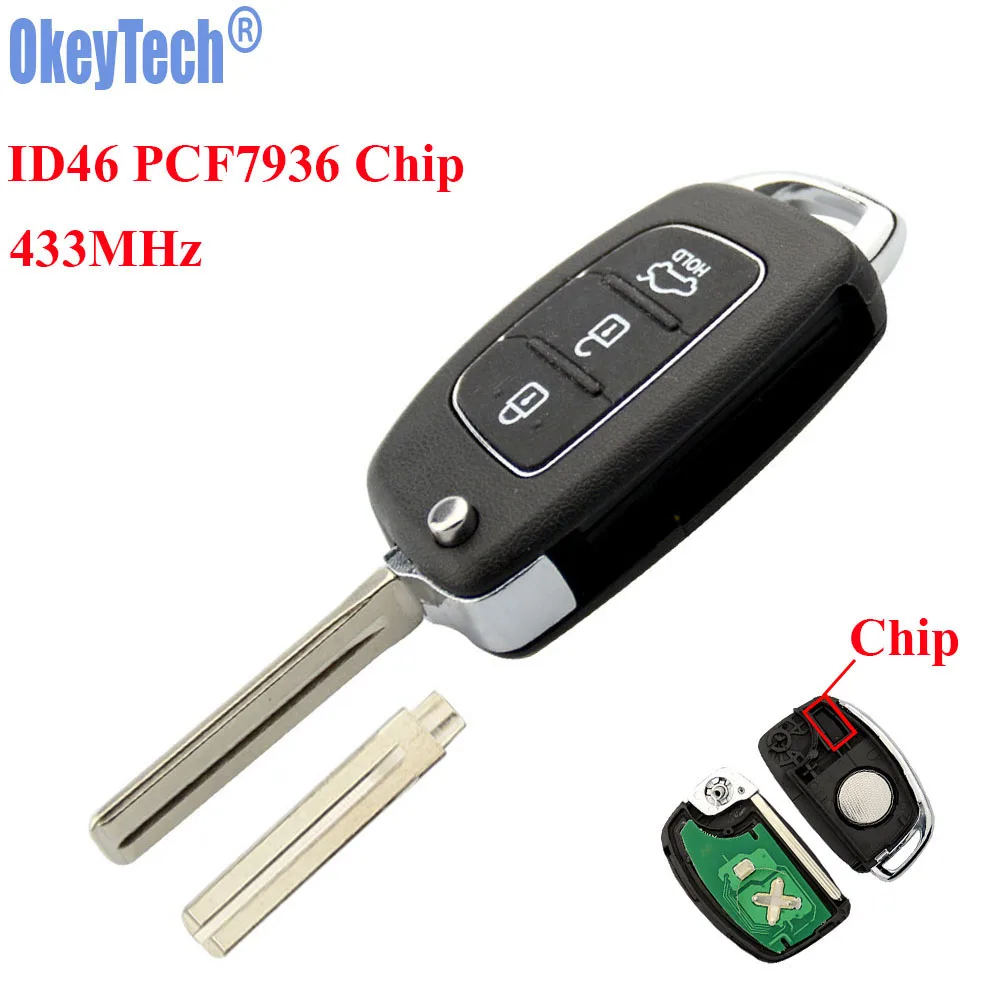 OkeyTech 433MHz ID46 PCF7936 Chip 3 Button Car Folding Flip Remote Key Fob For HYUNDAI IX35 IX25 IX45 Elantra Santa Fe 2013-2017