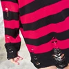 Pull rayé noir et rouge, déchiré et détruit, pull en tricot surdimensionné pour hommes et femmes, pull-over Harajuku ► Photo 3/6