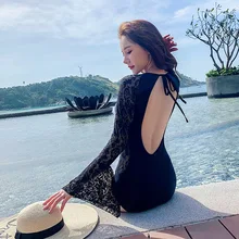 Цельные купальники с бикини женские бикини женские купальные костюмы купальники оптом Новые расклешенные Длинные рукава Кружева полые назад сексуальные