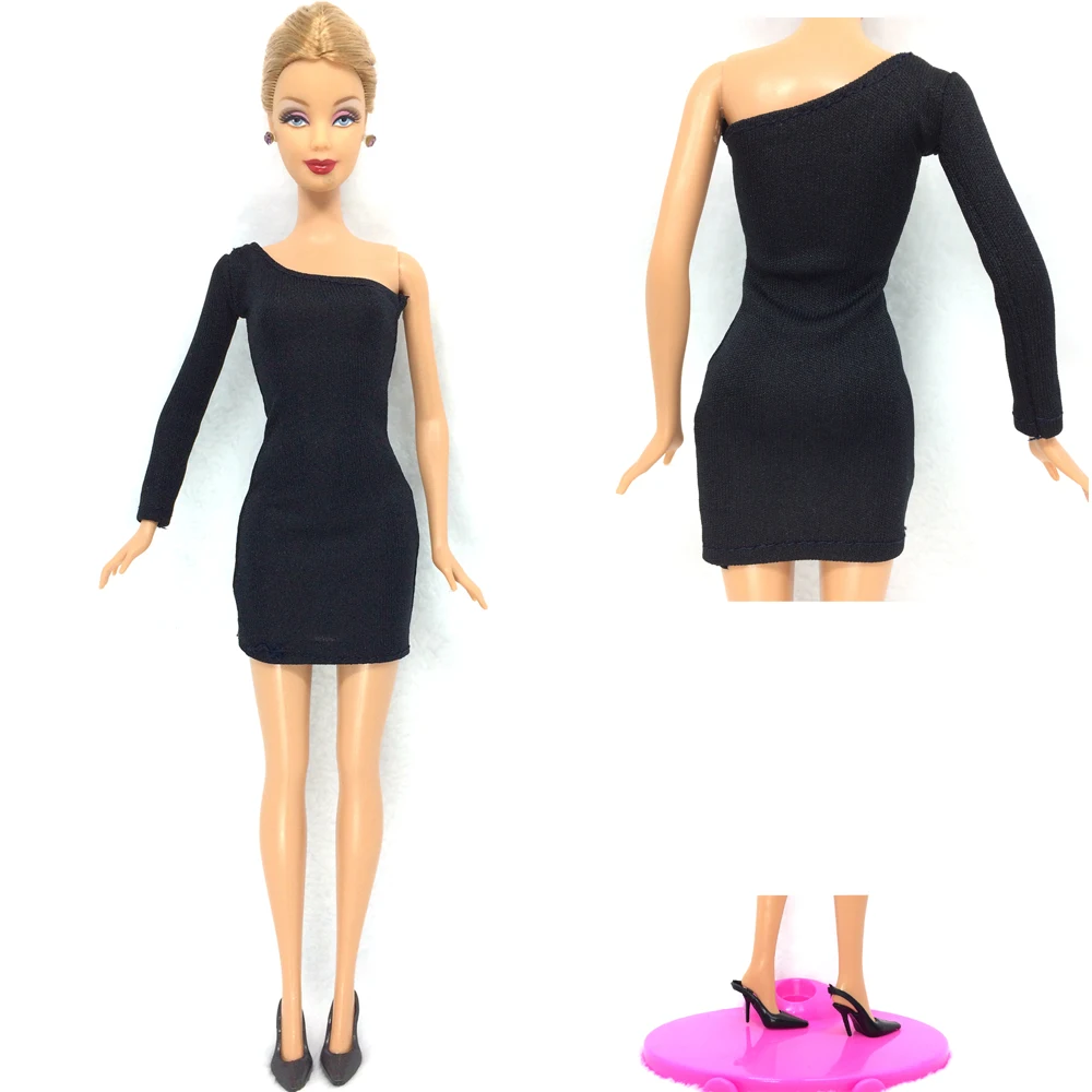 

NK One Set 2016 Princess Doll Handmade Colthes Fashion Dress Lady Black Cool Outfit +One Pair Black Heels For Barbie Doll 003A