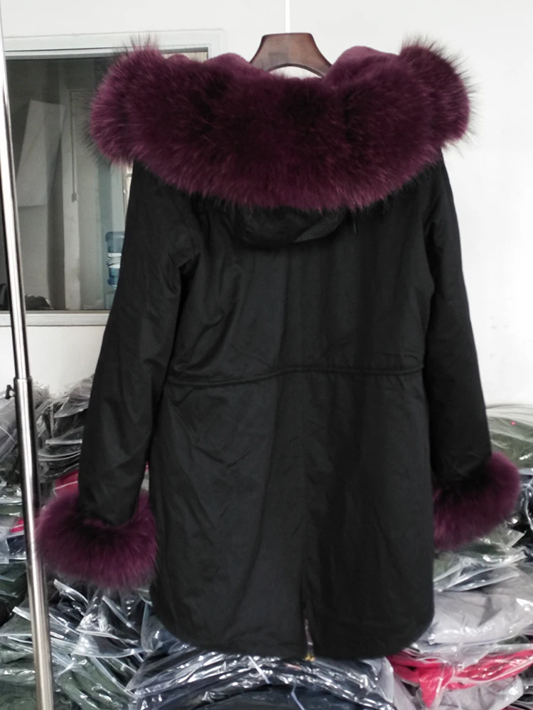 Черная меховая парка со съемным мехом, женская зимняя Толстая куртка, натуральный Лисий мех, капюшон, длинное пальто, женская фиолетовая меховая парка