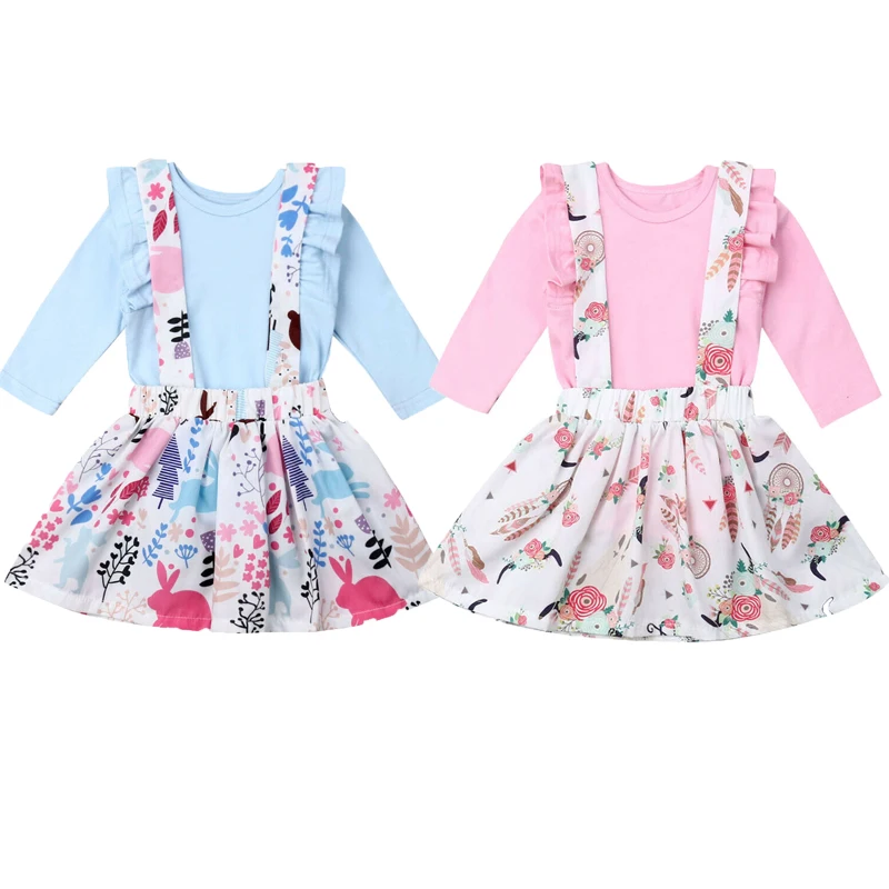 

0-24M Cute Newborn Baby Girl Long Sleeve Cotton Bodysuit Tops Print Suspender Skirt 2PCS Princess Girls Clothes Set