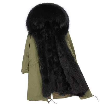 Пальто с натуральным мехом, зимняя куртка, Женская длинная парка, большой воротник из натурального меха енота, капюшон, подкладка из лисьего меха, пальто, теплая корейская мода