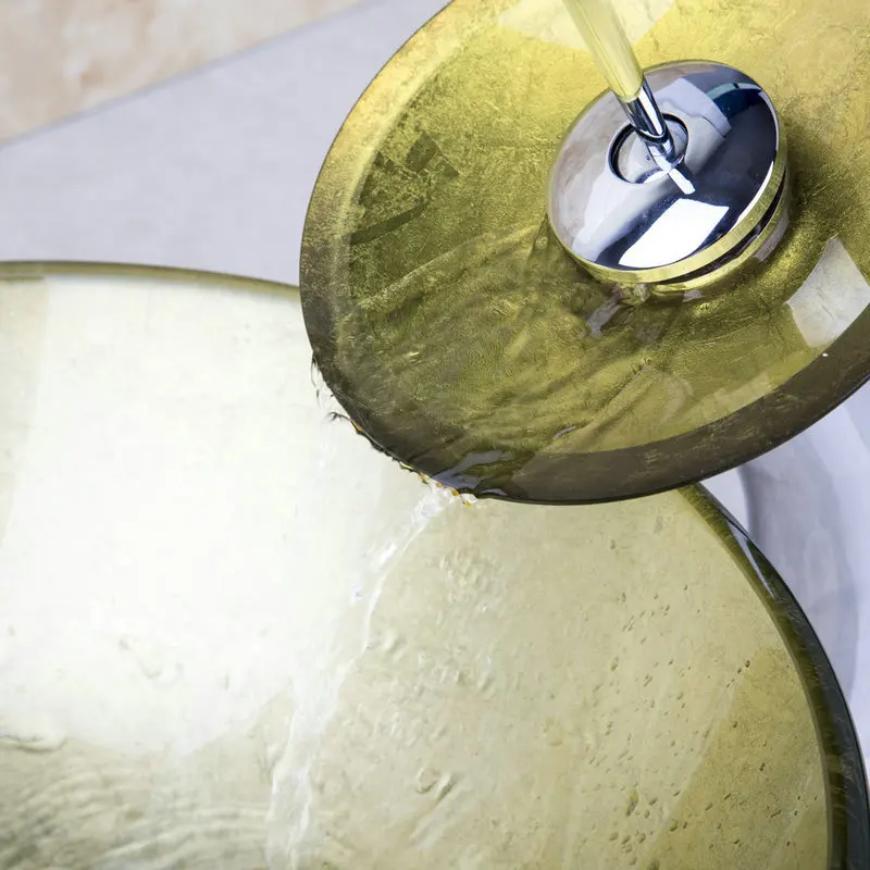 JIENI желтый стеклянный Леопардовый смеситель-водопад для раковины кран для раковины ванной комнаты умывальник стеклянный ручной краской Туалет Раковина Набор Смеситель кран