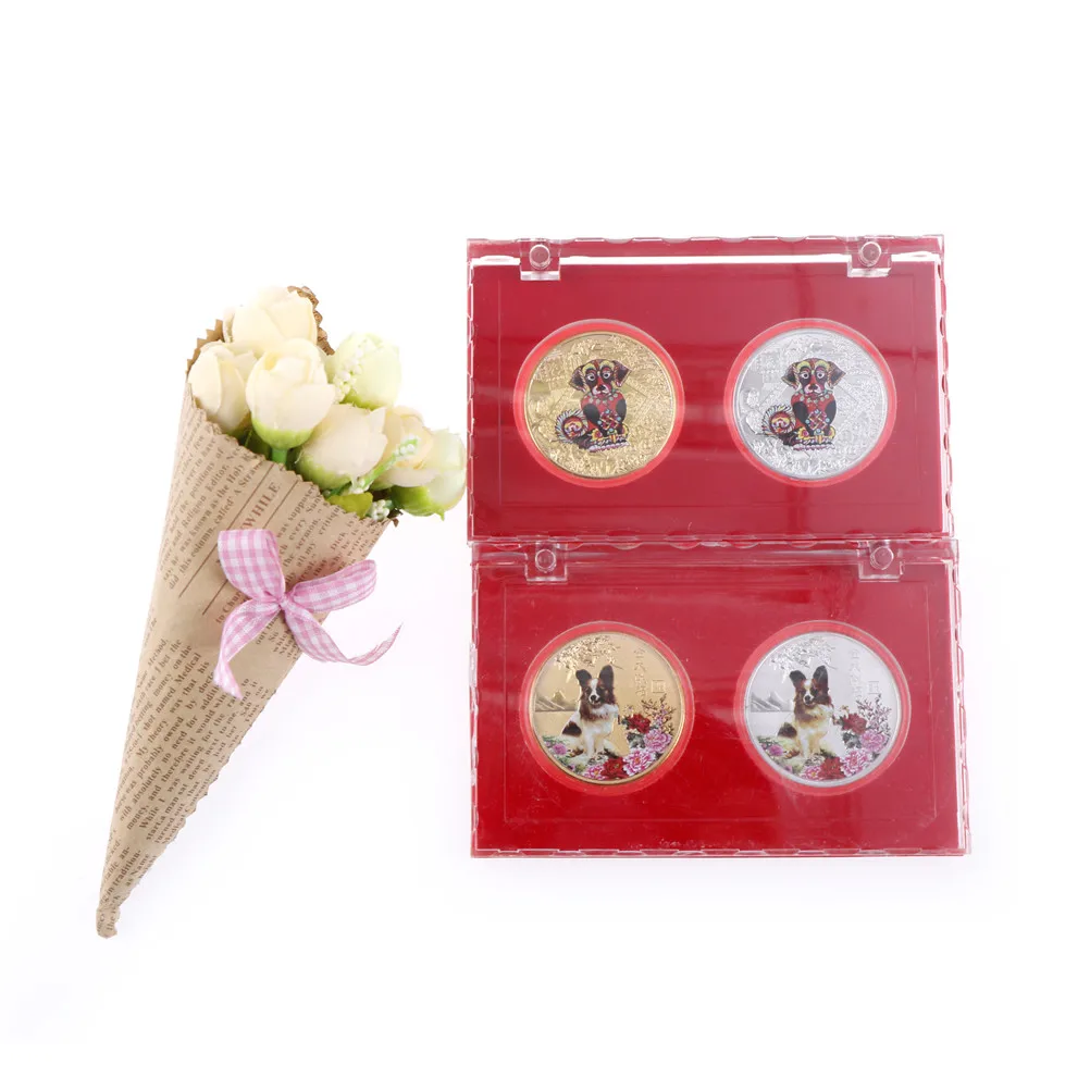2PCS/Set Lucky Character Year of the Dog Plated Gold 2018 Chinese Zodiac Souvenir Coin Replica Business Tourism Gift 2PCS/Set Lucky Character Year of the Dog Plated Gold 2018 Chinese Zodiac Souvenir Coin Replica Business Tourism Gift