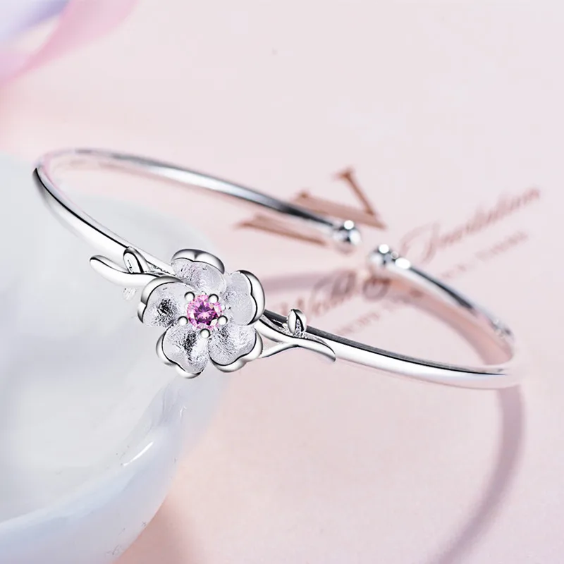 

TJP New Fashion 925 Silver Bangles For Women Wedding Party Jewelry Charm Girl Silver Bracelets Accessories Cute Cherry Blossoms