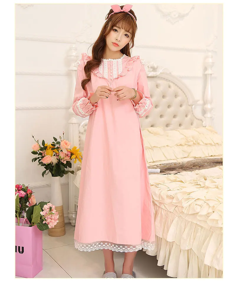 Women cotton lace round neck long sleeve nightdress nightgown,lady girl