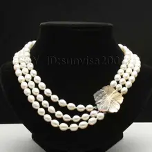 Натуральный жемчуг ювелирные изделия Женщины подарок матери 3row 8-9 мм белый розовый пресноводным культивированным Akoya Жемчужное ожерелье 1"-19" серебро крючок