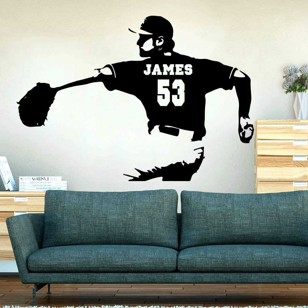 Large Custom Name Baseball Pitcher Number Wall Decal Boy Room Playroom Personalized Name Jersey Number Baseball  Player Sticker (4)