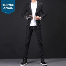 Мужские байкерские наборы модные весенние уличные Harajuku панк пальто эластичные облегающие узкие джинсовые брюки мужские из двух частей размера плюс