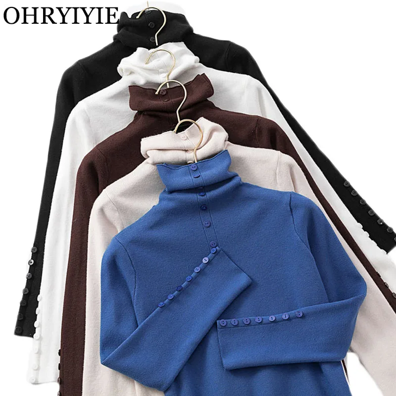 

OHRYIYIE New Fashion Button Autumn Winter Turtleneck Sweater Women Long Sleeve Knitted Pullovers Female Basic Sweaters Jumper