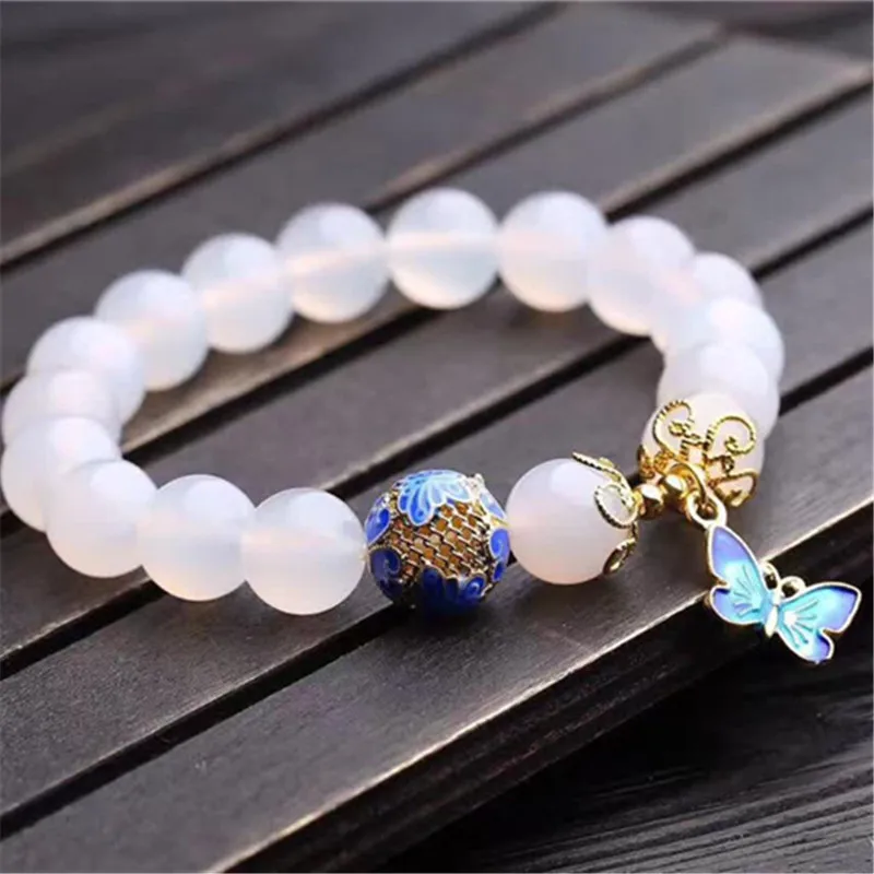 High Quantity 10mm beads White Agates natural stone bracelet women accessories metal butterfly pendant tasbih jewelry wholesale - Image 2