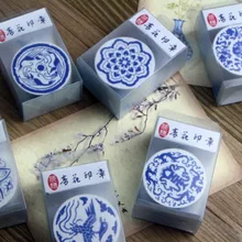 BF015 деревянные штампы в китайском старинном Дерево DIY штамп в виде часов уплотнение из белого и голубого цвета в стиле; Лот из 4*2,5 см