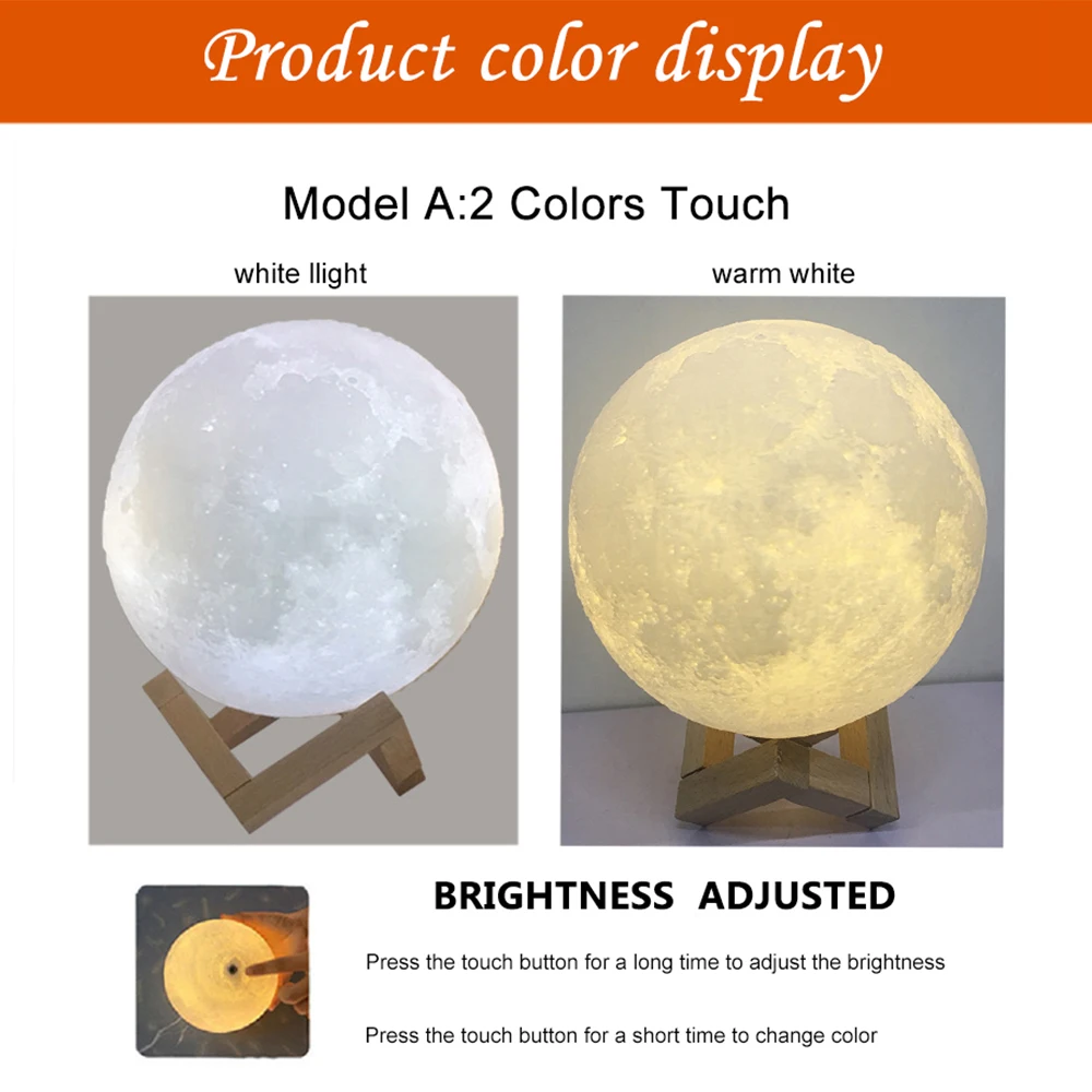  3D Print Moon Lamp Colorful Change USB Rechargeable Moon Light Touch Switch LED Night Light Bedroom - 33023427983