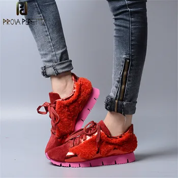 

Prova Perfetto Spring Fashion Genuine Leather Casual Women Shoes Real Wool Fur Thick Bottom Lace-Up Shallow Mixed Color Shoes