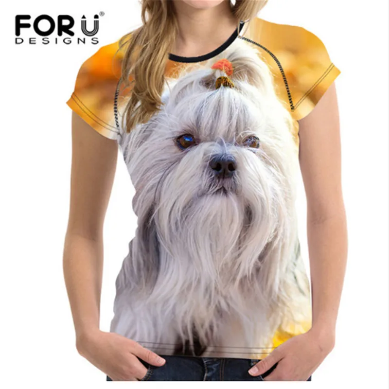 FORUDESIGNS Funny 3D Shih Tzu Dog Women T Shirt Tees Woman Tops Cute O