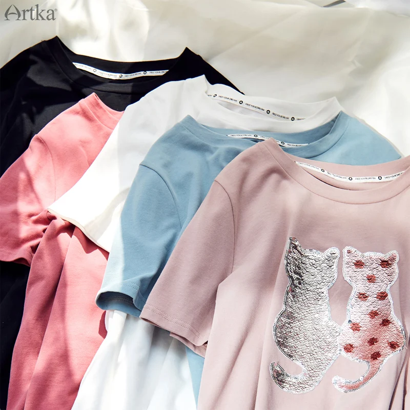 Женская футболка с различными блестками ARTKA, розовая простая свободная футболка из хлопка с короткими рукавами и круглым вырезом, TA15184X, на лето