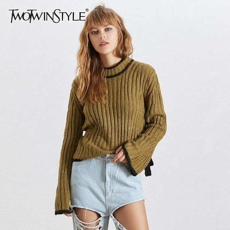 

TWOTWINSTYLE Autumn Knitted Sweater For Women O Neck Flare Sleeve Bowknot Bandages Pullover Female Fashion Clothing 2019