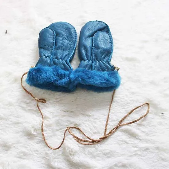 Linhaoshengyue Зимние теплые детские меховые перчатки меховой подкладкой - Цвет: blue